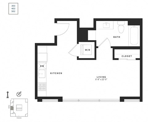 Floor plan for studio, 1 bath, 466 sqft